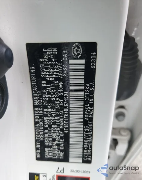 2013 Toyota Camry L from USA, damaged, VIN 4T1BF1FK4DU671994